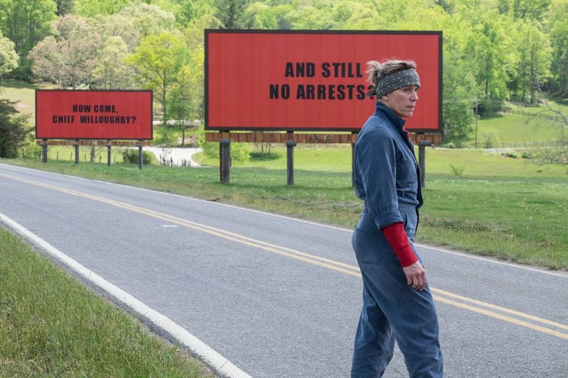 Frances McDormand stars as an ornery mother out for justice in the darkly comic drama “Three Billboards Outside Ebbing, Missouri,” which is also up for Best Picture.