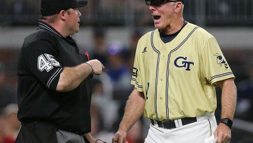 Georgia Tech had coach Danny Hall argues a call with the homeplate umpire that gave Georgia batter Mitchell Webb another strike at the plate and going on to draw a walk during the 9th inning of the Spring Classic in a NCAA college baseball game at SunTrust Park on Tuesday, May 9, 2017, in Atlanta.    Curtis Compton/ccompton@ajc.com