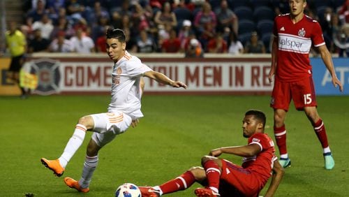 Atlanta United's Miguel Almiron pressures Chicago's defense in the first half of Saturday's MLS game at Toyota Park in Bridgeview, Ill. (Atlanta United)