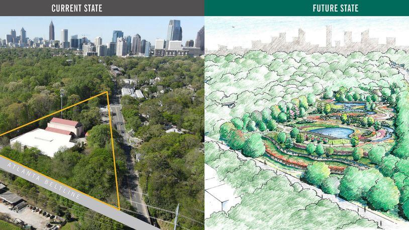 The photo on the left (looking southwest down Piedmont Avenue from Monroe Drive) shows the commercial parcels currently bordering the Atlanta Botanical Garden. The illustration on the right shows an artist's concept of the changes planned for that same area. Phot/illustration: The Atlanta Botanical Garden