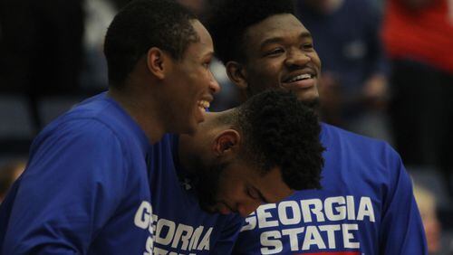 Georgia State players celebrate after a basket in a game between Georgia State and Appalachian State in Atlanta on Monday, January 23, 2017. (HENRY TAYLOR / HENRY.TAYLOR@AJC.COM)