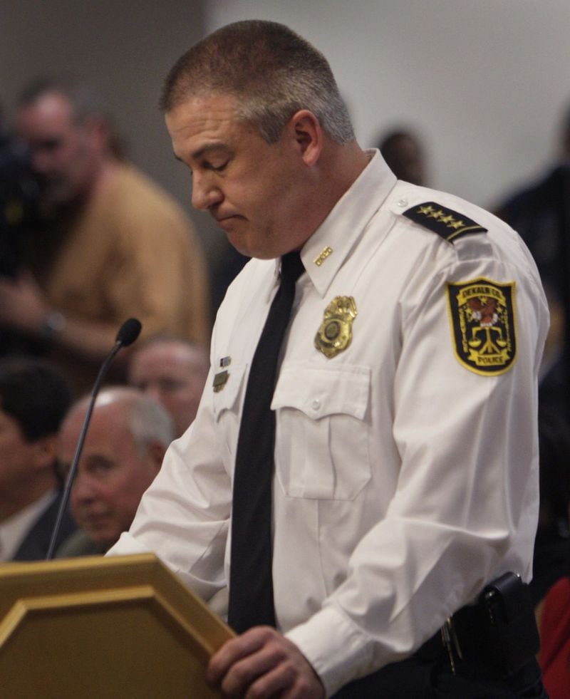 Former DeKalb County Police Chief Bill O’Brien, shown here addressing the DeKalb commission in 2011, went on to work for the state’s Homeland Security Division, where he faced allegations last year of lewd comments and unwanted touching of co-workers. An investigation determined his behavior wasn’t sexual harassment, just misconduct. BOB ANDRES / BANDRES@AJC.COM