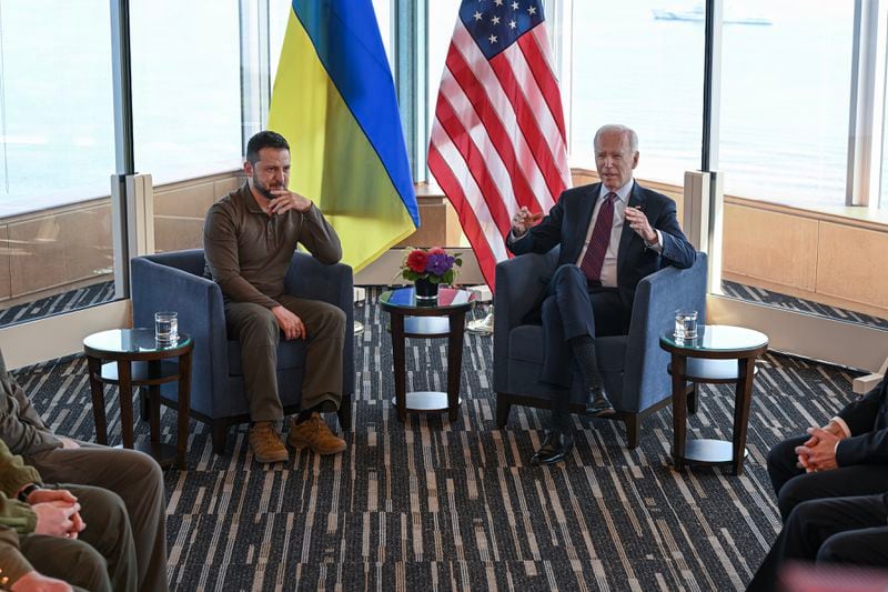 President Joe Biden, right, shown during a meeting with Ukrainian President Volodymyr Zelenskyy, is seeking $24 billion to help Ukraine in its fight against Russia. It's part of a larger $40 billion request that the president has made as a federal shutdown looms.  (Kenny Holston/The New York Times)
                      