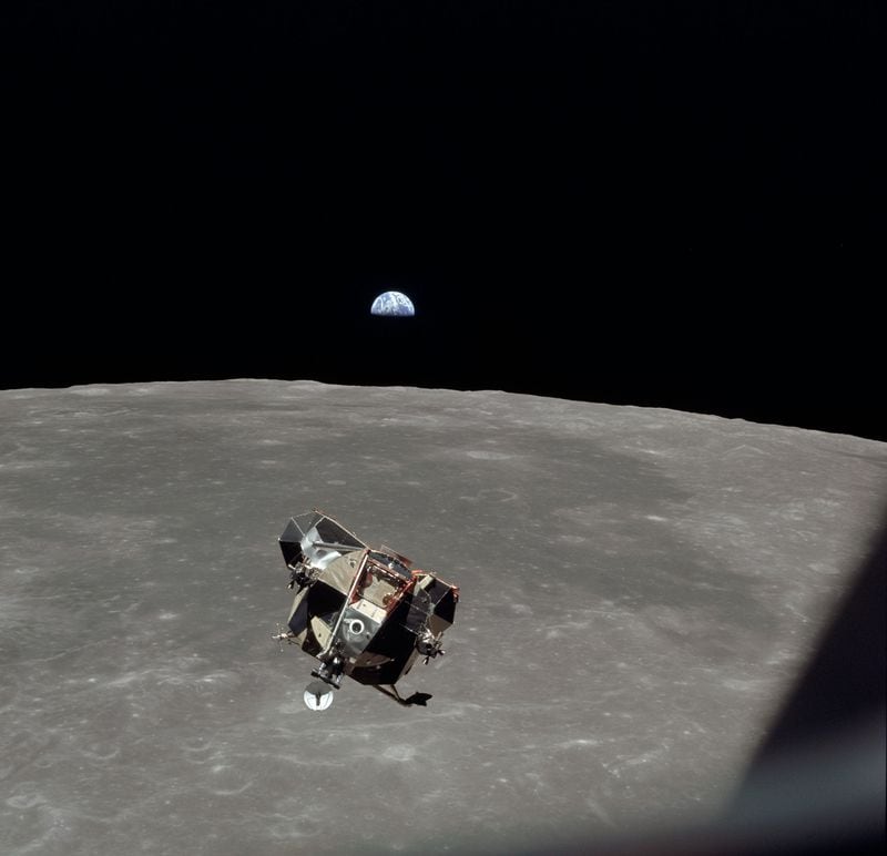 In an image provided by NASA, the Apollo 11 Lunar Module is seen in its ascent stage, with the astronauts Neil A. Armstrong and Edwin E. Aldrin Jr. aboard. It is photographed from the Command and Service Modules during rendezvous in lunar orbit. CONTRIBUTED: NASA