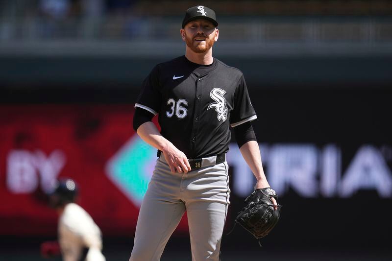 Chicago White Sox relief pitcher Steven Wilson (36) stands on the mound after a solo home run by Minnesota Twins' Jose Miranda during the eighth inning of a baseball game Thursday, April 25, 2024, in Minneapolis. (AP Photo/Abbie Parr)