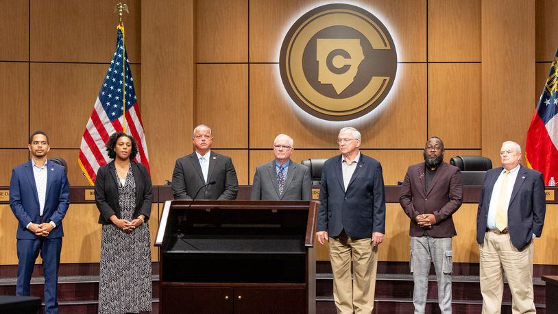 The Cobb County School Board including members Jaha Howard, from left, Charisse Davis, Superintendent Chris Ragsdale, David Chastain, Randy Scamihorn, Leroy Tre’ Hutchins and Brad Wheeler on Thursday, June 9, 2022. (Jenni Girtman for The Atlanta Journal-Constitution)
