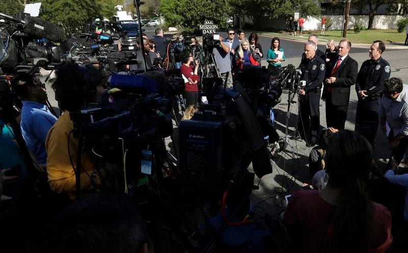 Interim Austin police chief Brian Manley, at podium, stands with Bureau of Alcohol, Tobacco, Firearms and Explosives Special Agent in Charge Fred Milanowski, FBI Special Agent in Charge Christopher Combs, and Assistant police chief Troy Gay during a news conference near the site of Sunday's explosion, Monday, March 19, 2018, in Austin, Texas. Fear escalated across Texas' capital city on Monday after the fourth bombing this month, a blast that was triggered this time by a tripwire, demonstrating what police called a "higher level of sophistication" than the package bombs used in the previous attacks. 