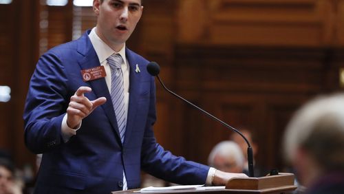 3/29/18 - Atlanta - Rep. Trey Kelley, R - Cedartown, presents HB 696, related to tax exemptions for computer equipment, which passed.  Thursday was the 40th and final day of the 2018 General Assembly.    BOB ANDRES  /BANDRES@AJC.COM