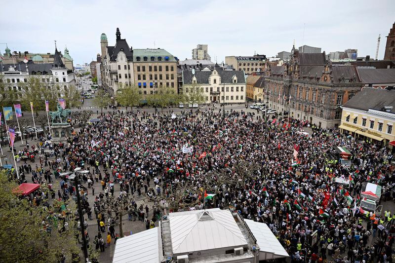 Protestors takes part in the Stop Israel demonstration between Stortorget and Mölleplatsen in Malmö, Sweden, Thursday, May 9, 2024. There have been calls for Israel to be excluded from the Eurovision Song contest because of its conduct in its war against Hamas. (Johan Nilsson/TT News Agency via AP)