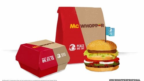 This photo provided by Burger King shows a “McWhopper.” In full-page newspaper ads Wednesday, Aug. 26, 2015, Burger King said it’s calling for a truce with McDonald’s so that they can create a mashup of their most famous burgers, the Big Mac and the Whopper. Burger King is tying the publicity stunt to a nonprofit called Peace One Day, which says it promotes Peace Day. (Burger King via AP)
