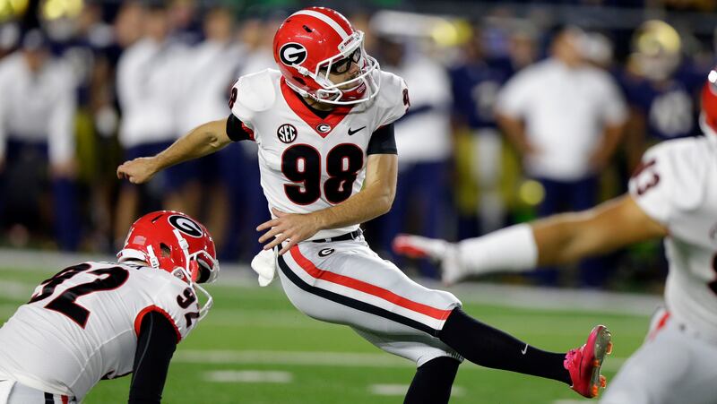 Georgia's Rodrigo Blankenship kicks the field goal that made the difference in Georgia's 20-19 victory over Notre Dame Saturday. (AP Photo/Michael Conroy)