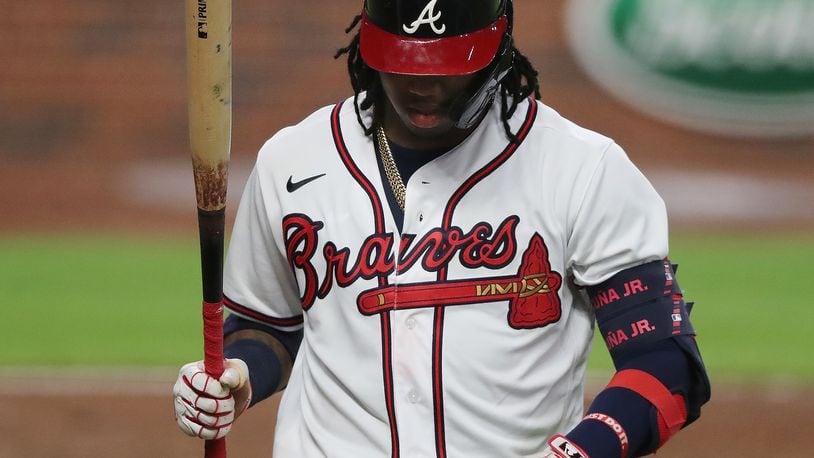 Braves batter Ronald Acuna reacts to striking out on Monday, August 3, 2020 in Atlanta.    Curtis Compton / ccompton@ajc.com