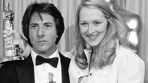 Meryl Streep, best supporting actress, and Dustin Hoffman, best actor in a leadiung role, pose with the Oscars they won for their performances in the movie "Kramer vs. Kramer," at the 52nd annual Academy Awards ceremony in Los Angeles, Calif., on April 14, 1980.