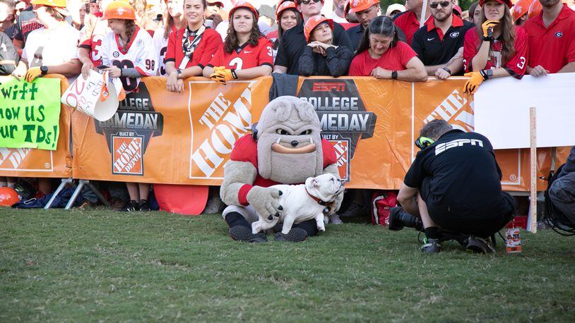 'Kirby,' a 6-month-old English bulldog puppy, snuggles with his new best friend, UGA mascot Hairy Dawg, at the ESPN College Game Day setup this past Saturday on UGA's Myers Quad.
