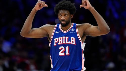 Philadelphia 76ers' Joel Embiid reacts during the second half of Game 3 in an NBA basketball first-round playoff series against the New York Knicks, Thursday, April 25, 2024, in Philadelphia. (AP Photo/Matt Slocum)