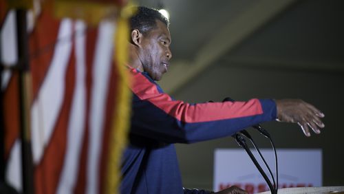 Republican U.S. Senate candidate Herschel Walker speaks to supporters during a campaign rally at The Mill on Etowah Thursday, Nov. 10, 2022. (Daniel Varnado/For the AJC)