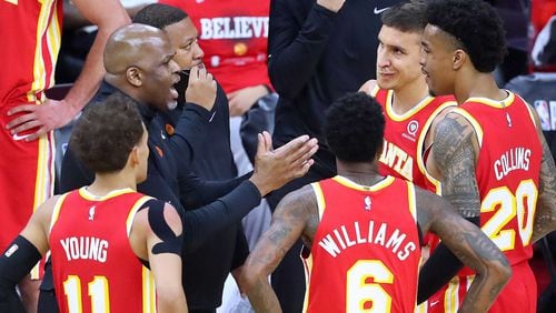 Hawks interim coach Nate McMillan coaches up Trae Young, Lou Williams, Bogdan Bogdanovic, and John Collins during a timeout against the Philadelphia 76ers in Game 5 of their NBA Eastern Conference semifinals series Wednesday, June 16, 2021, in Philadelphia. “Curtis Compton / Curtis.Compton@ajc.com”