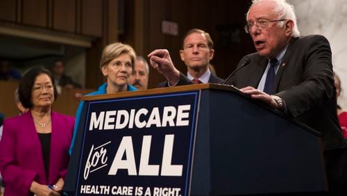 Sen. Bernie Sanders (I-Vt.) with, from left, Sens. Mazie Hirono (D-Hawaii), Elizabeth Warren (D-Mass.) and Richard Blumenthal (D-Conn.), holds a news conference regarding health care policy, on Capitol Hill in Washington, Sept. 13, 2017. On the same day that Republican lawmakers were pitching a last-gasp effort to undo the Affordable Care Act, Sanders said that 15 Democratic senators have signed on to what he called "a Medicare-for-all, single-payer health care system."