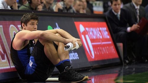 GREENSBORO, NC - DECEMBER 21: Grayson Allen #3 of the Duke Blue Devils waits at the scorer’s table during the second half of their game against the Elon Phoenix at the Greensboro Coliseum on December 21, 2016 in Greensboro, North Carolina. Duke won 72-61. (Photo by Lance King/Getty Images)
