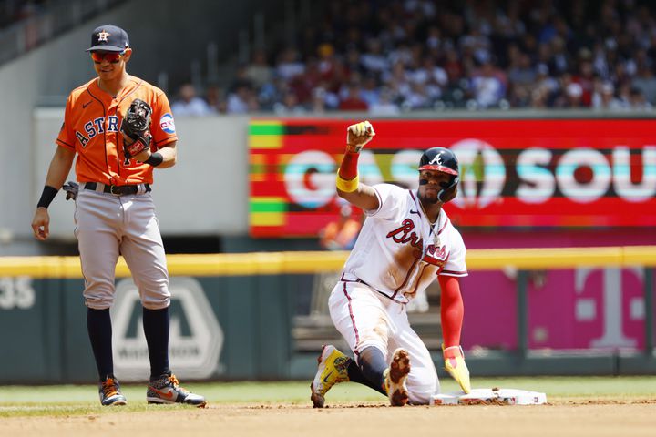 Braves right fielder Ronald Acuña (13) after stealing second base during the first inning against the Astros at Truist Park on Sunday, April 23, 2023, in Atlanta. 
Miguel Martinez / miguel.martinezjimenez@ajc.com 