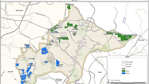 Johns Creek has wrapped up the fourth round of neighborhood street repaving, with the areas addressed by the effort depicted in this map. CITY OF JOHNS CREEK
