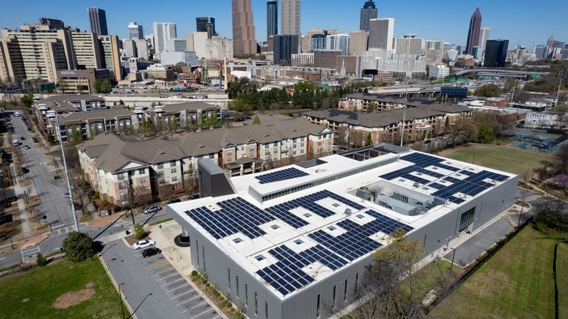 Solar panels on the roof of the Martin Luther King, Jr. Recreation And Aquatic Center shot on Wednesday, March 15, 2023. Ben Gray for the Atlanta Journal-Constitution