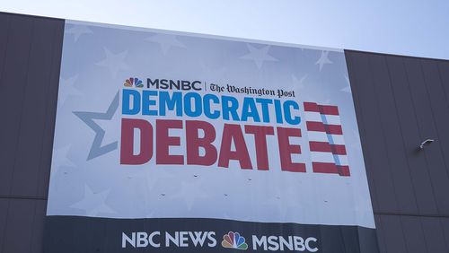 A banner is displayed outside of the Oprah Winfrey Stage for the MSNBC/The Washington Post Democratic Presidential debate at Tyler Perry Studios in Atlanta, Tuesday, November 19, 2019.  (Alyssa Pointer/Atlanta Journal Constitution)