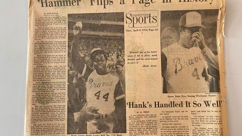 This is a portion of the front page of The Atlanta Constitution sports section April 9, 1974, the day after Braves legend Henry Aaron hit his 715th career home run, surpassing Babe Ruth for the all-time home run record. (Contributed by David Wellham/The Atlanta Journal-Constitution)