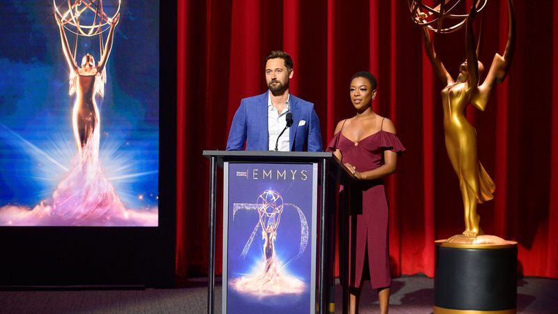 NORTH HOLLYWOOD, CA - JULY 12:  Ryan Eggold (L) and Samira Wiley speak onstage during the 70th Emmy Awards Nominations Announcement at Saban Media Center on July 12, 2018 in North Hollywood, California.  (Photo by Matt Winkelmeyer/Getty Images)