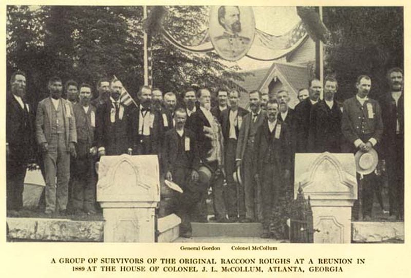 John Brown Gordon (center left with racoon skin on chest) and veterans of the Racoon Roughs at an 1890 Confederate reunion in Chattanooga.