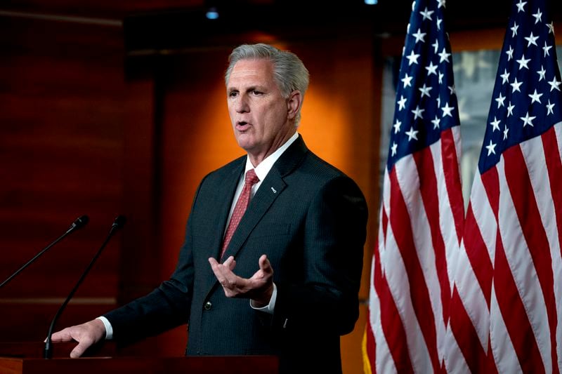 Republican House Minority Leader Kevin McCarthy speaks during his weekly news conference at the Capitol in Washington on Thursday after House Speaker Nancy Pelosi named Rep. Liz Cheney to a newly created special committee to investigate the Jan. 6 riot at the Capitol.