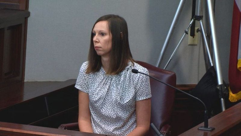 Heather Coyle, a travel agent who attended church with Justin Ross Harris and Leanna Taylor, testifies at Harris' murder trial at the Glynn County Courthouse in Brunswick, Ga., on Wednesday, Nov. 2, 2016. She testified that she helped Ross and Leanna plan a trip to the Dominican Republic. (screen capture via WSB-TV)