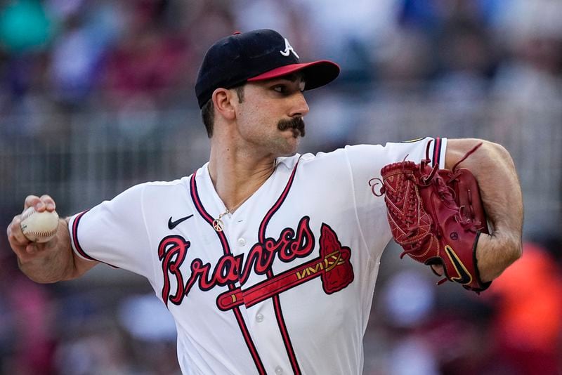 Atlanta Braves starting pitcher Spencer Strider delivers to a Los Angeles Angels batter in the first inning of a baseball game Tuesday, Aug. 1, 2023, in Atlanta. (AP Photo/John Bazemore)