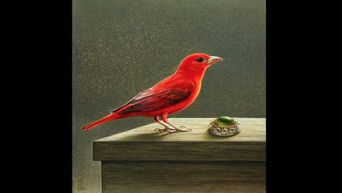 The beauty of bird and jewel are rendered in exquisite detail in Stephen O'Donnell's "Competition (summer tanager)," one of his works on show at TEW Galleries.