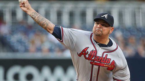 Braves starter Williams Perez delivers a pitch in the first inning against the Padres.