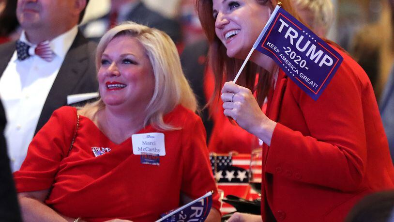 110320 Atlanta: Kirsten Davies, right, and Marci McCarthy react while watching returns for Georgia coming in at the Georgia Republican Party Election Night Celebration in the Intercontinental Buckhead Atlanta hotel on Tuesday, Nov 3, 2020 in Atlanta.   “Curtis Compton / Curtis.Compton@ajc.com”