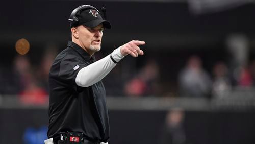 Atlanta Falcons head coach Dan Quinn during the first half against the Carolina Panthers. Sunday December 31, 2017. Photo by Brant Sanderlin/AJC