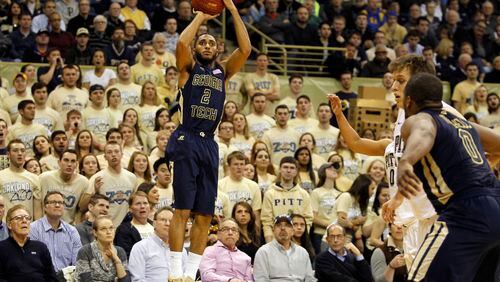 PITTSBURGH, PA - JANUARY 06: Adam Smith #2 of the Georgia Tech Yellow Jackets pulls up for a three-point shot during the game against the Pittsburgh Panthers at Petersen Events Center on January 6, 2016 in Pittsburgh, Pennsylvania. (Photo by Justin K. Aller/Getty Images)
