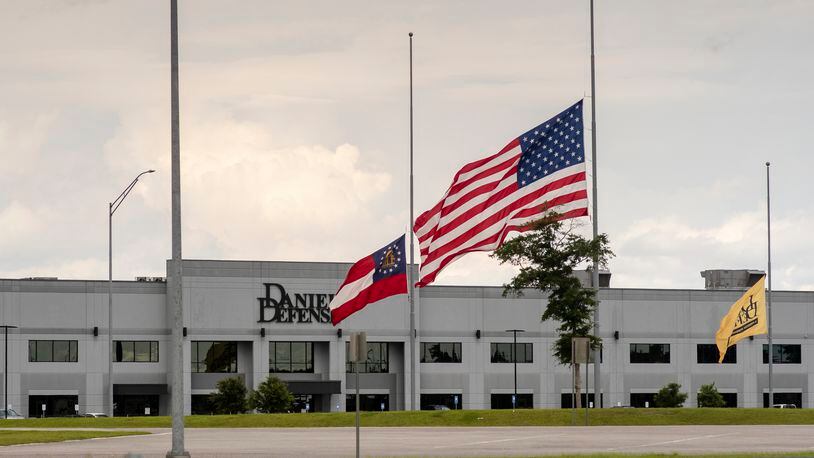 A flag flies at half-mast at Daniel Defense’s headquarters in Black Creek, Ga., May 27, 2022. After one of its military-style rifles was used in the Texas elementary school shooting on Tuesday, the gun manufacturer published a pop-up statement on its home page sending “thoughts and prayers” to the community of Uvalde, Texas, and pledging to cooperate with the authorities. (Dylan Wilson/The New York Times)