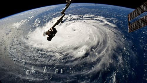 ATLANTIC OCEAN - SEPTEMBER 10:  In this NASA handout image taken by Astronaut Ricky Arnold, Hurricane Florence gains strength in the Atlantic Ocean as it moves west, seen from the International Space Station on September 10, 2018. Weather predictions say the storm will likely hit the U.S. East Coast as early as Thursday, September 13 bringing massive winds and rain.  (Photo by NASA via Getty Images)