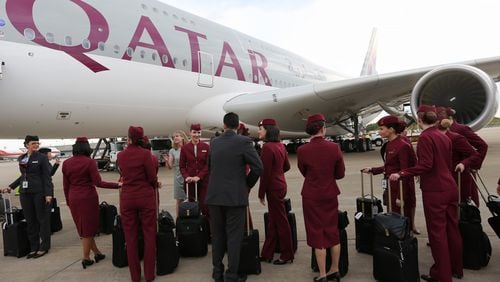 June 1, 2016 Atlanta: Qatar Airways flight attendants prepare to board an A380 for the inaugural flight from Atlanta to Doha on Wednesday evening June 1, 2016 at Hartsfield-Jackson International Airport. Ben Gray / bgray@ajc.com