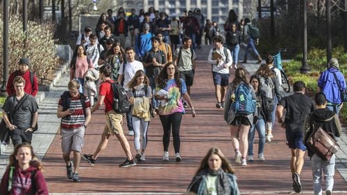 Georgia Tech students were on the move in between classes on campus on Wednesday, March 11, 2020. The state’s Board of Regents is expected next week to freeze tuition for the 2020-2021 school year for students at Georgia Tech and the state’s other public colleges.