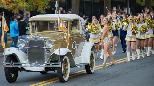 Georgia Tech's Ramblin' Wreck leads an on-campus parade.