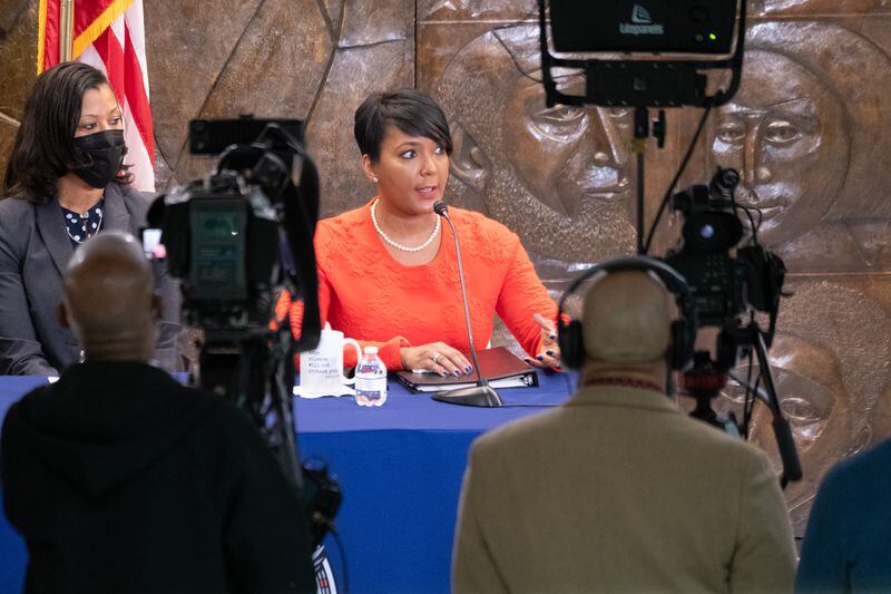 Keisha Lance Bottoms talks to journalists about her term as mayor during a press conference Monday morning, Dec. 20, 2021 at Atlanta City Hall. Ben Gray for the Atlanta Journal-Constitution