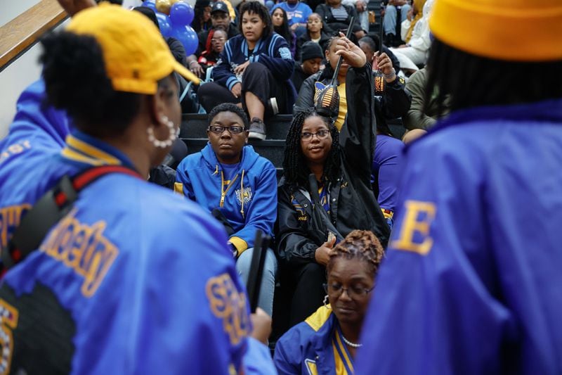 Tonia Manson and Nicole Peeples, members on the spring 1991 line of the Beta Lambda chapter of Sigma Gamma Rho Sorority Inc. wait for the program to begin at Morris Brown College on March 22, 2024. The sorority will be the first on campus in more than 20 years. (Natrice Miller/ Natrice.miller@ajc.com)