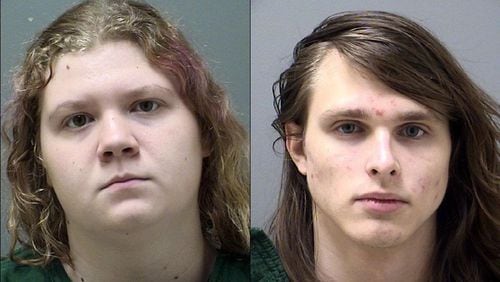 Victoria McCurley (left) and Alfred Dupree face a total of 15 charges between them,including conspiracy to commit murder, in connection with a threat last year to a Etowah High School in Cherokee County. (Cherokee County Sheriff’s Office)