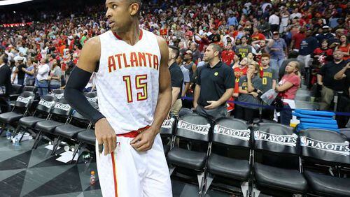 Hawks center Al Horford walks off the court falling to the Cavaliers 100-99 in Game 4 of a second-round NBA basketball playoff series at Philips Arena on Sunday, May 8, 2016, in Atlanta. Curtis Compton / ccompton@ajc.com