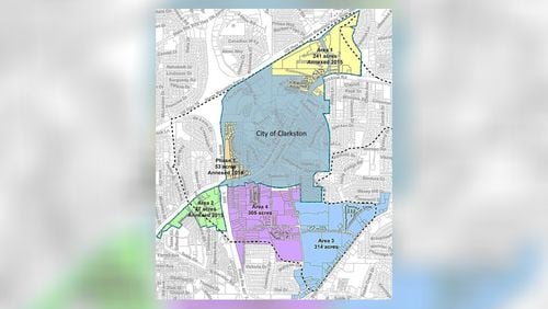 This map shows Clarkston's latest annexation proposal. The areas in blue and purple are being eyed by the city as possible areas to annex.