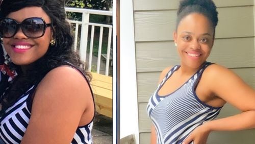 In the photo on the left, taken in May 2018, Amber Beck weighed 186 pounds. In the photo on the right, taken this month, she weighed 143 pounds. (Photos contributed by Amber Beck )