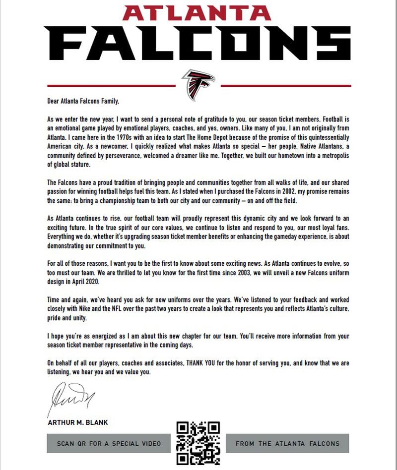 Here’s the letter sent to Falcons season ticket holders about the new uniforms.